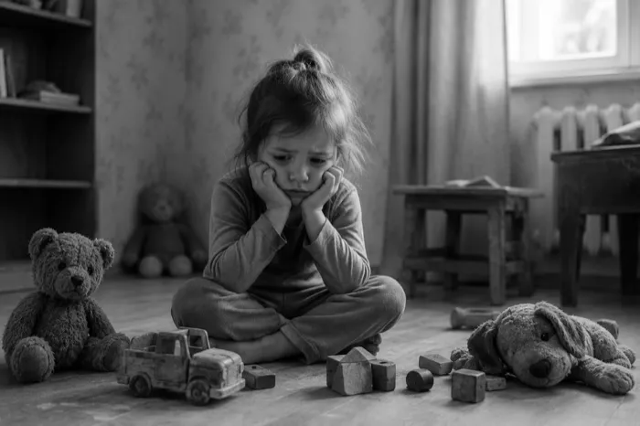 Niña aburrida sin actividades para aprender
