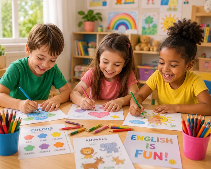 Niños felices aprendiendo inglés jugando con actividades