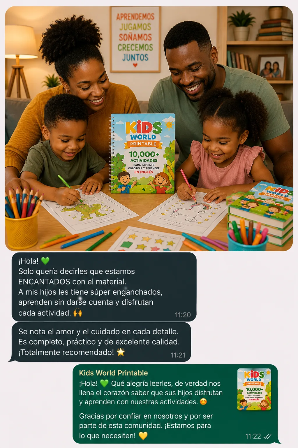 Familia contando su experiencia con Kids World Printable