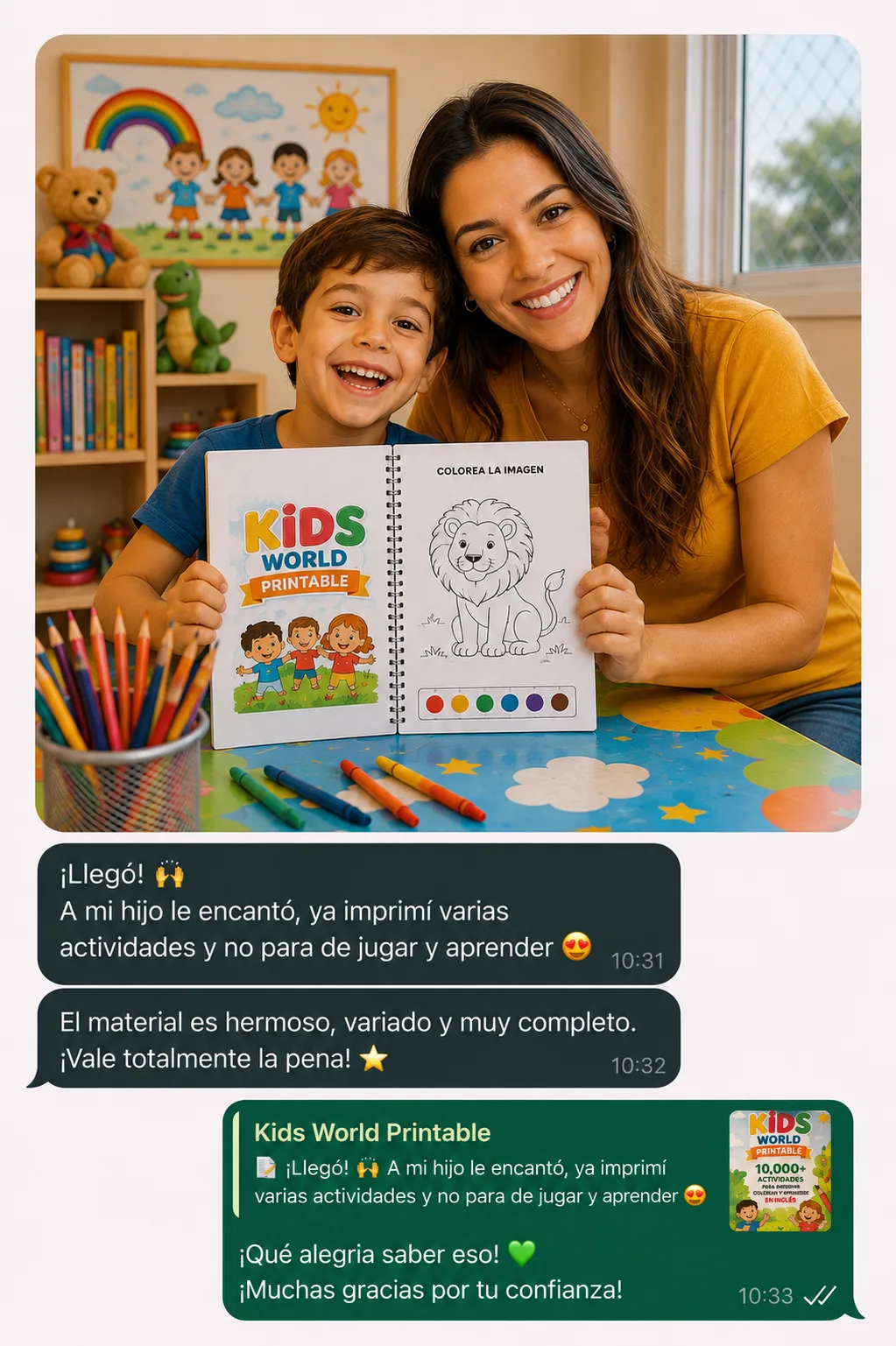 Familia contando su experiencia con Kids World Printable