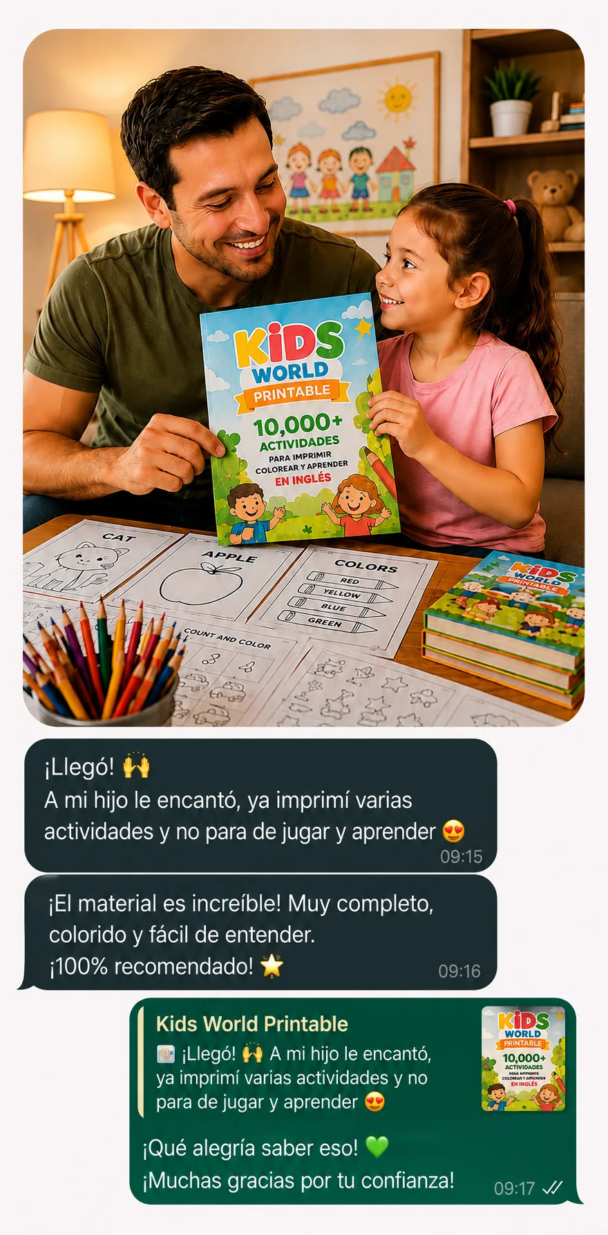 Familia contando su experiencia con Kids World Printable