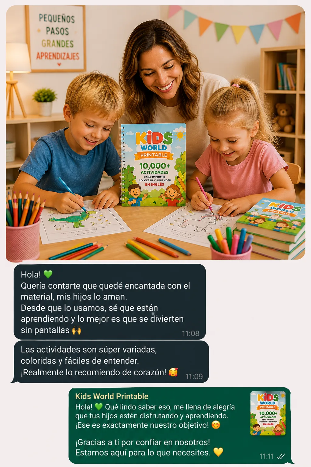 Familia contando su experiencia con Kids World Printable